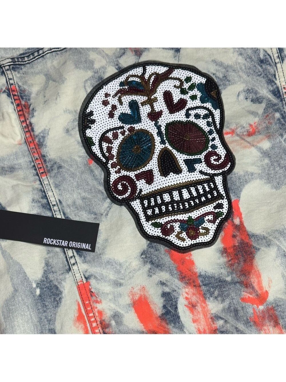 Your Adventure Oversized Sequin Sugar Skull Denim Jacket Customize with Travel! - Picture 5 of 7